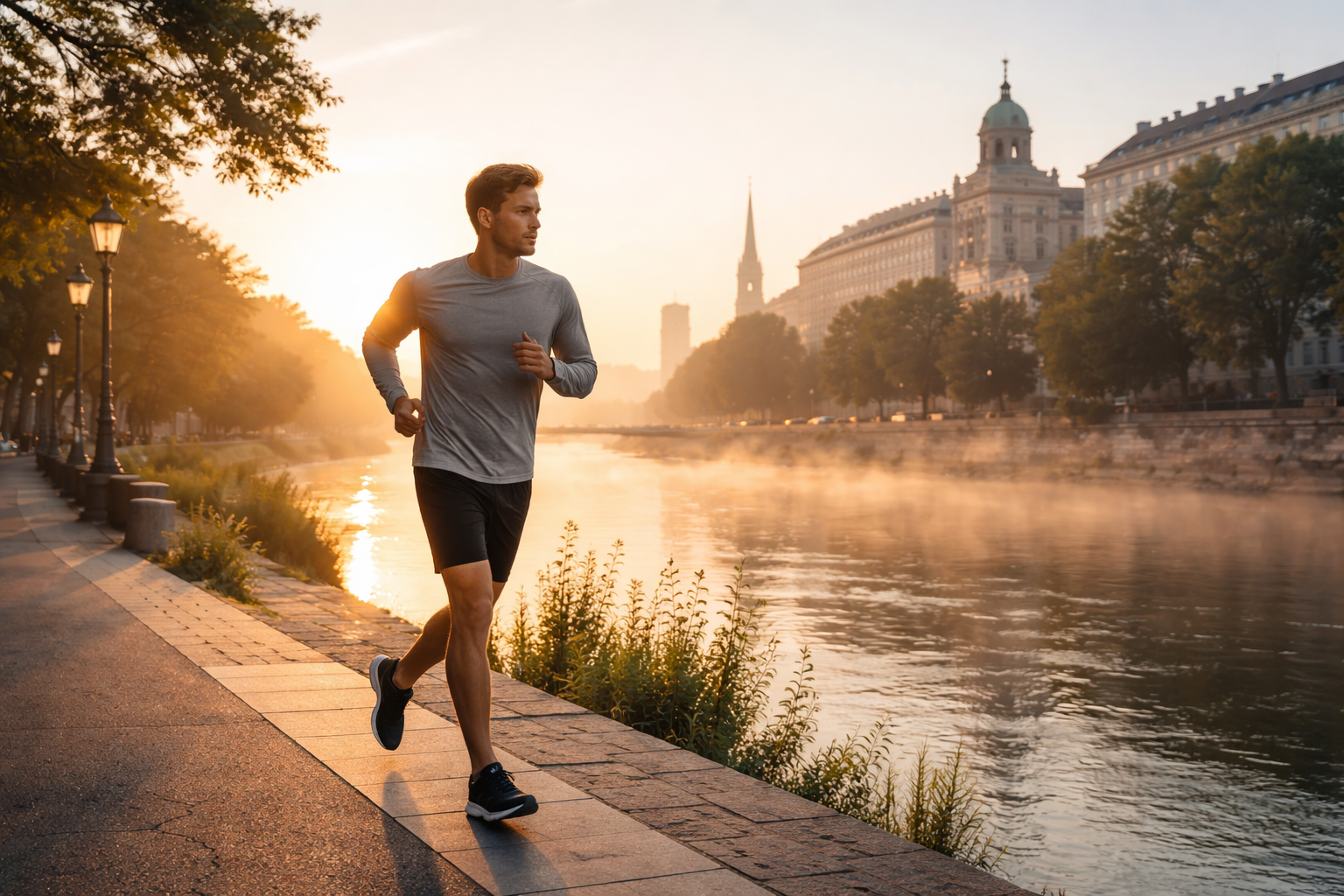Person joggt bei Sonnenaufgang entlang eines Flusses in Wien